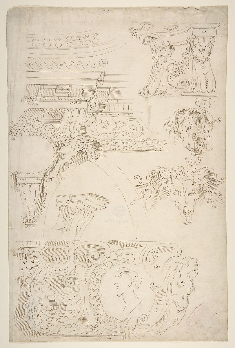 Sketches of Sculptured Decoration. Entablatures and a Frieze with Human, Animal and Floral Ornaments, After Agostino (Stanzani) Mitelli (Italian, Battidizzo (Bologna) 1609–1660 Madrid), Pen and brown ink, over traces of leadpoint or graphite 