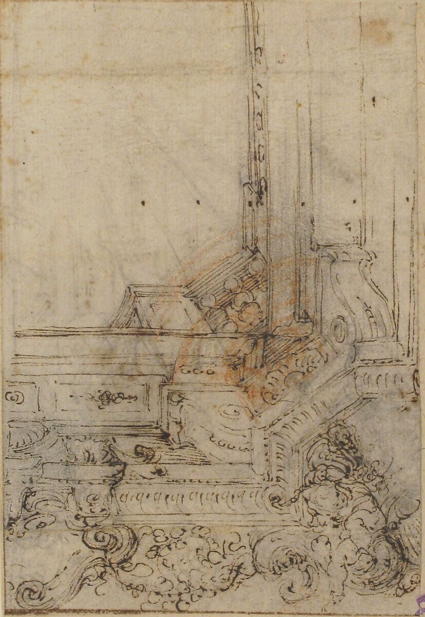 Design for the Corner of a Decorated Ceiling, Circle of (?) Agostino (Stanzani) Mitelli (Italian, Battidizzo (Bologna) 1609–1660 Madrid), Pen and brown ink, black and red chalk