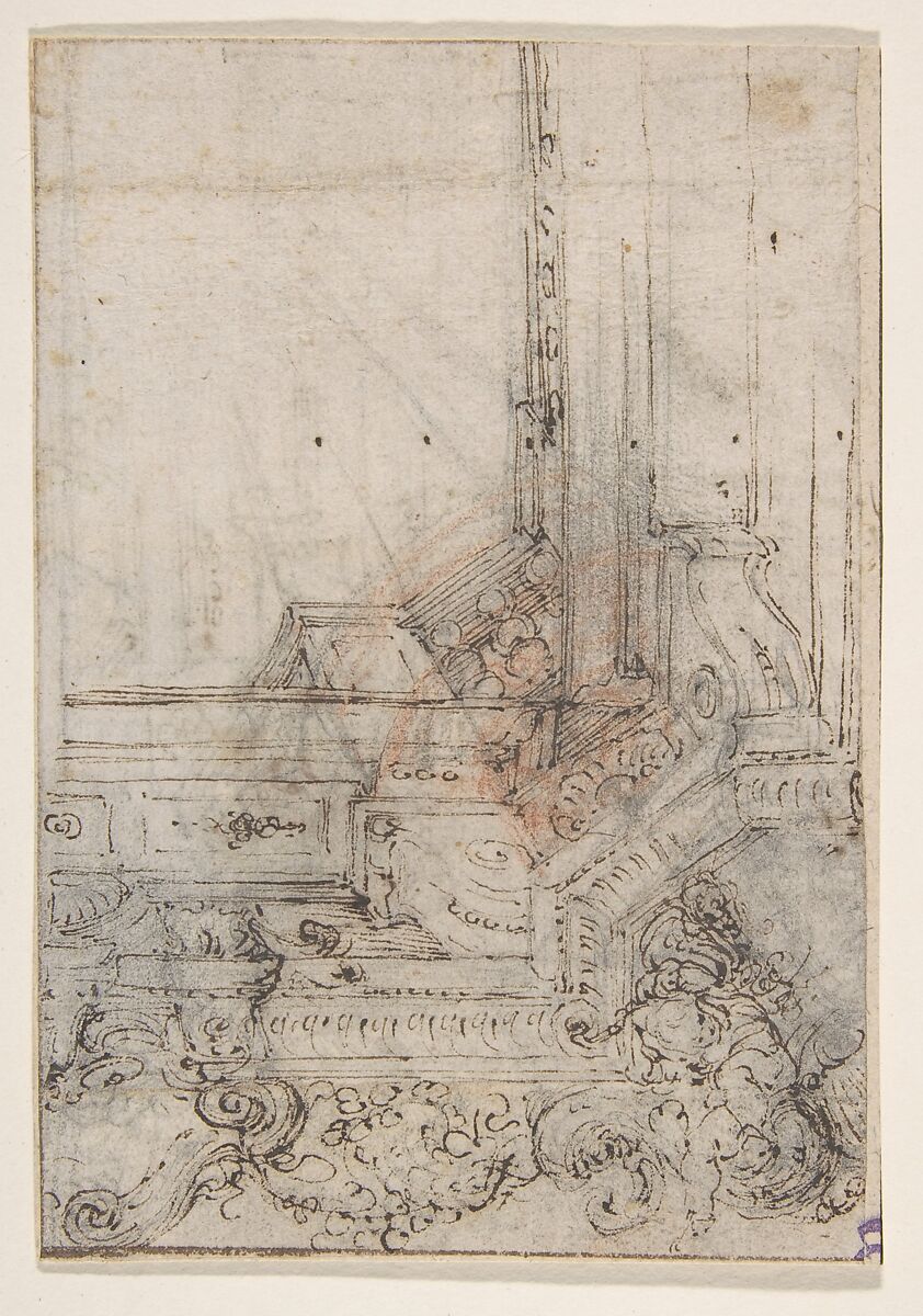 Design for the Corner of a Decorated Ceiling, Circle of (?) Agostino (Stanzani) Mitelli (Italian, Battidizzo (Bologna) 1609–1660 Madrid), Pen and brown ink, black and red chalk 