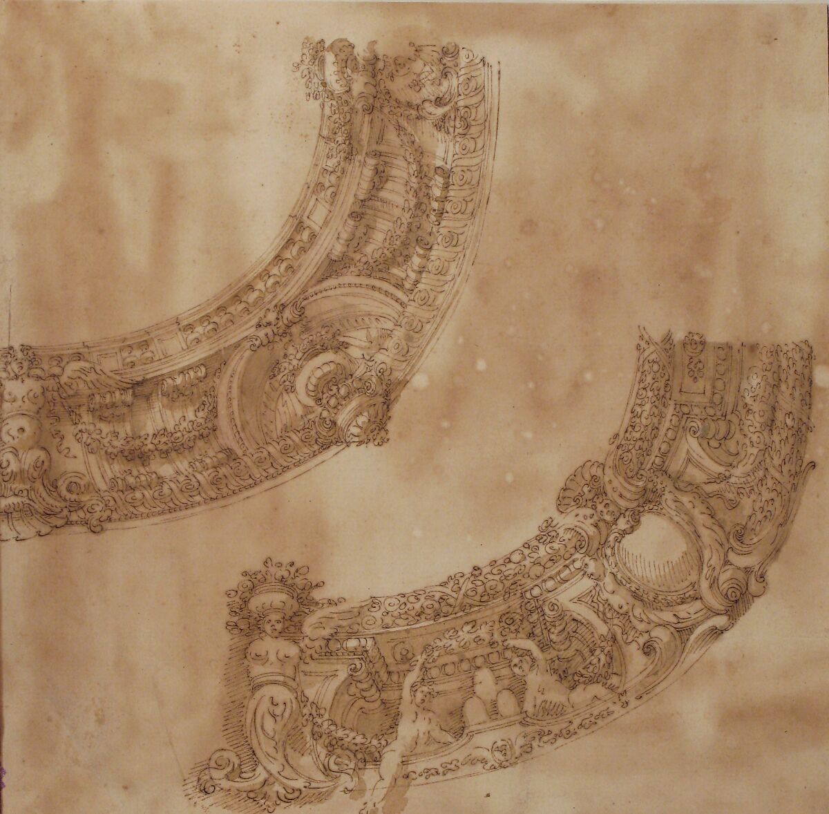 Two Designs for the Decoration of a Circular Frieze or Cornice, Circle of (?) Agostino (Stanzani) Mitelli (Italian, Battidizzo (Bologna) 1609–1660 Madrid), Pen and brown ink, brush and brown wash