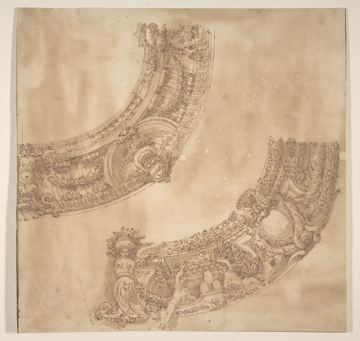 Two Designs for the Decoration of a Circular Frieze or Cornice, Circle of (?) Agostino (Stanzani) Mitelli (Italian, Battidizzo (Bologna) 1609–1660 Madrid), Pen and brown ink, brush and brown wash 