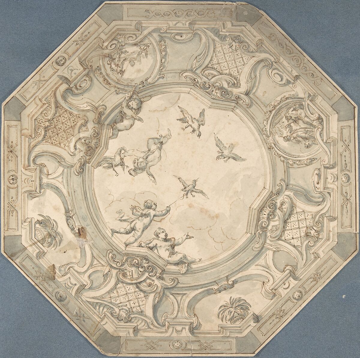 Octagonal Ceiling Design with Putti and Birds, Anonymous, Dutch, 18th century, Pen and brown ink, brush and blue wash. Framing line in pen and brown ink. 
