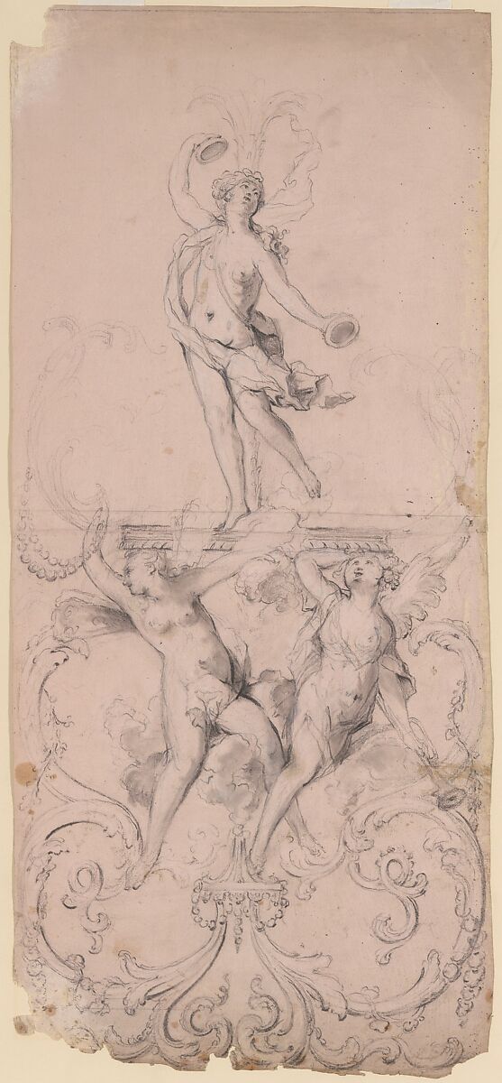 Ornament Design with Three Nymphs, Anonymous, French, 19th century, Black chalk, graphite, stumping, heightened with white, on pink prepared paper 