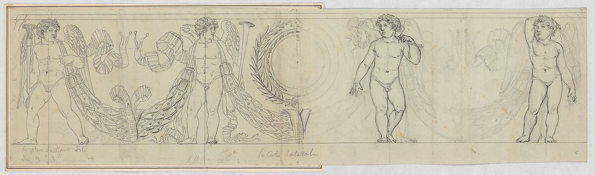 Design for a Frieze with Putti and Garland (related to the Arc du Carrousel), Anonymous, French, 19th century, Pen and black ink over graphite 