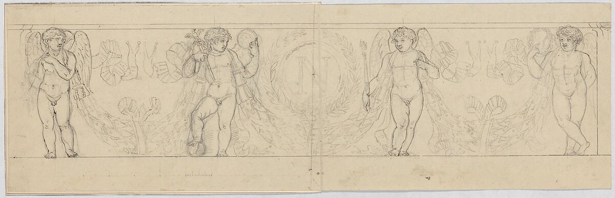 Design for a Frieze with Putti Supporting a Garland, with the inital "N" inside a Wreath (related to the Arc du Carrousel), Anonymous, French, 19th century, Pen and black ink over graphite 