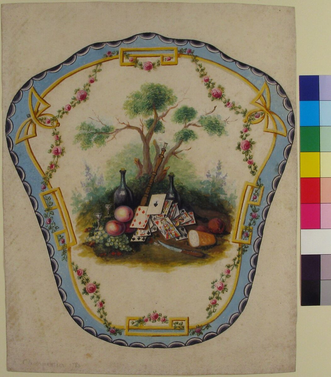 Design for a Firescreen with Picnic Scene and Playing Cards, Eugène Charpentier, Graphite and gouache