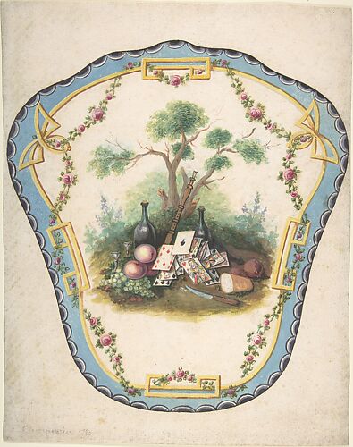 Design for a Firescreen with Picnic Scene and Playing Cards