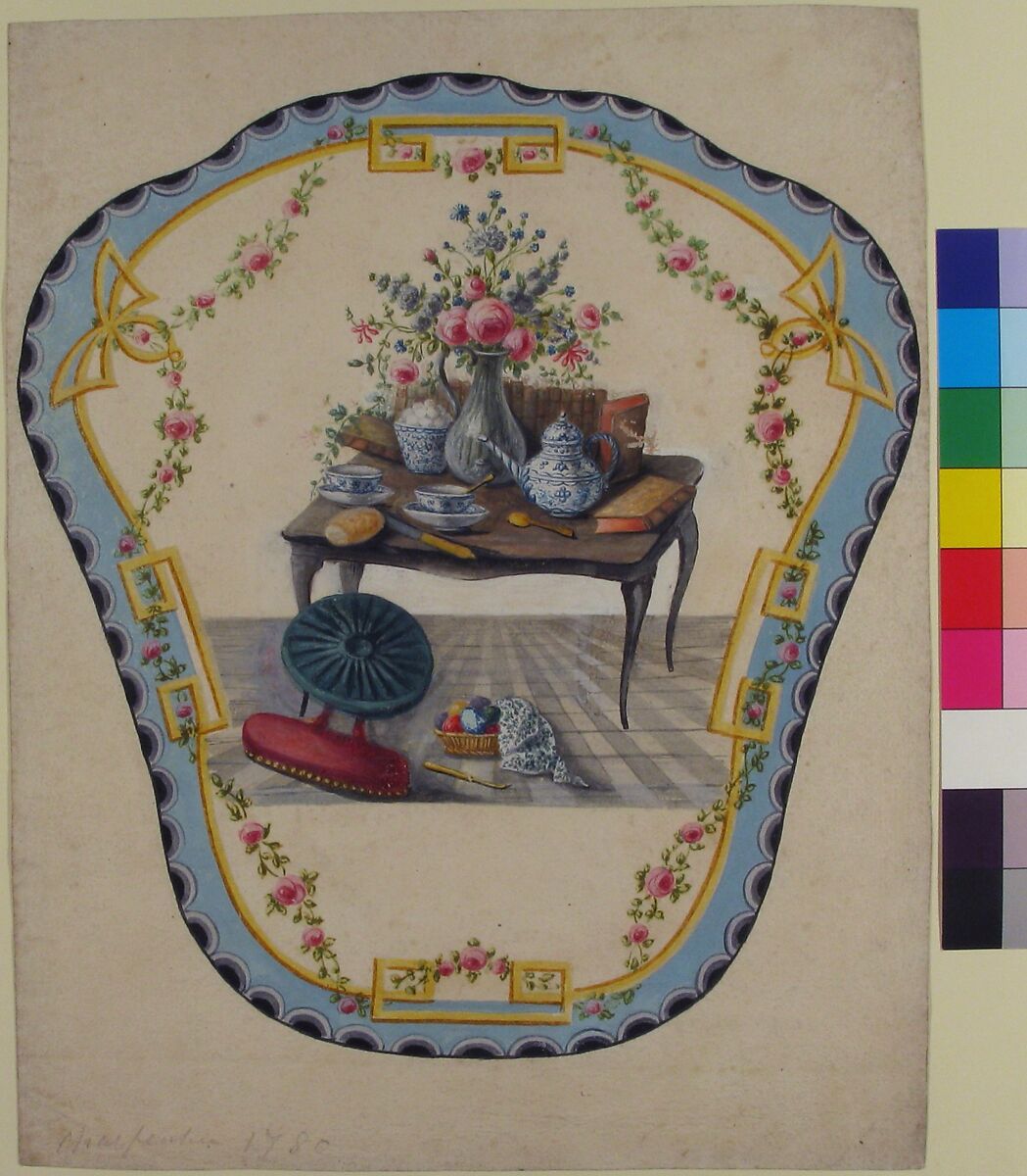Design for a Firescreen with a Table with a Vase of Flowers, Books, and Teapot, Eugène Charpentier, Graphite and gouache