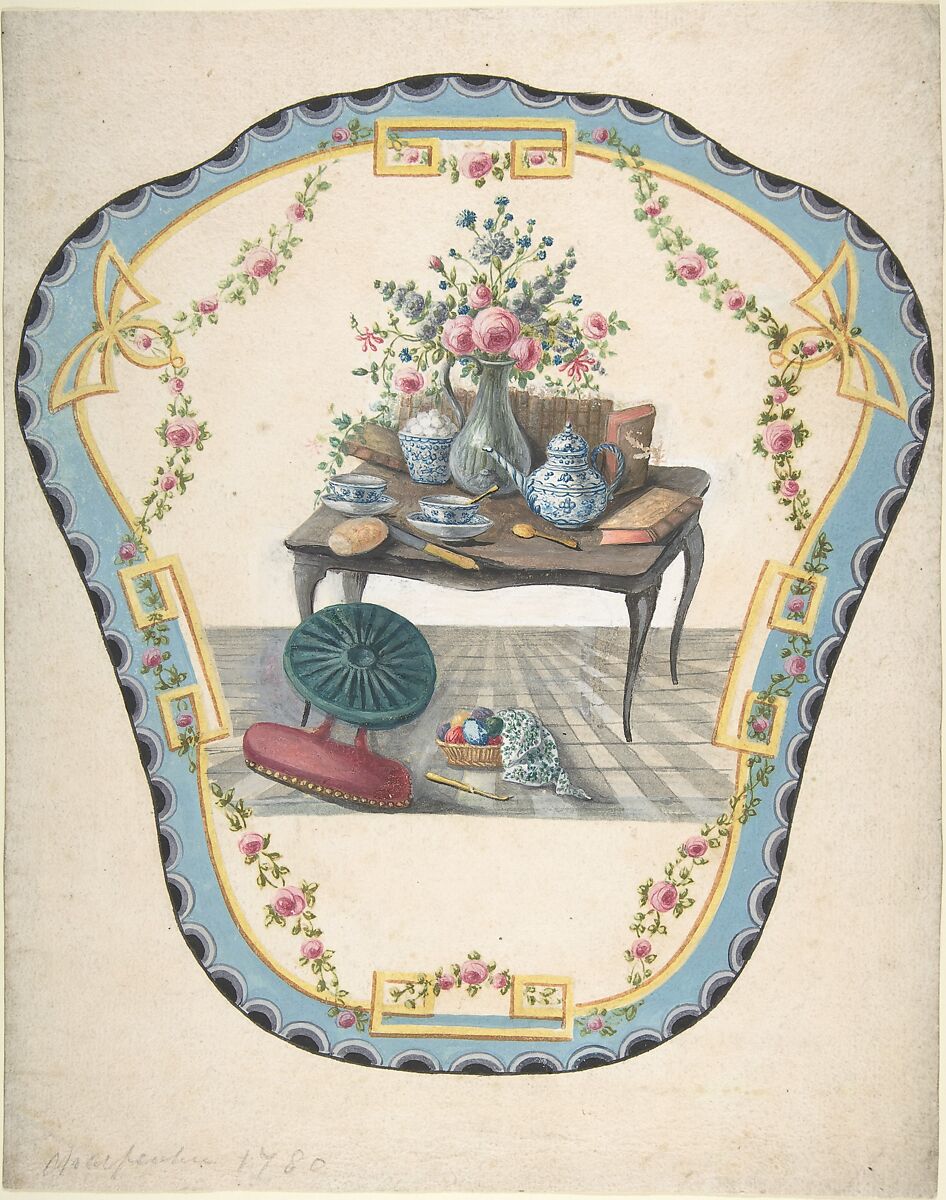 Design for a Firescreen with a Table with a Vase of Flowers, Books, and Teapot, Eugène Charpentier, Graphite and gouache 