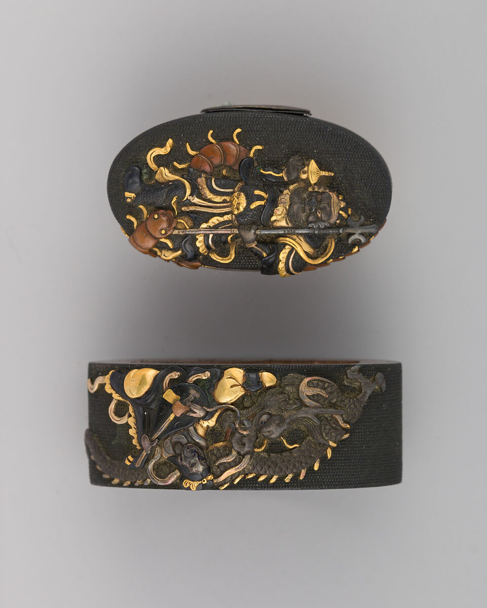 Sword-Hilt Collar and Pommel (Fuchigashira), Gold, silver, copper, copper-silver alloy (shibuichi), copper-gold alloy (shakudō), Japanese 