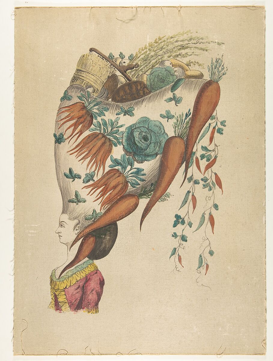Fantastic Hairdress with Fruit and Vegetable Motif, Anonymous, French, 18th century, Watercolor on canvas laid down on board 