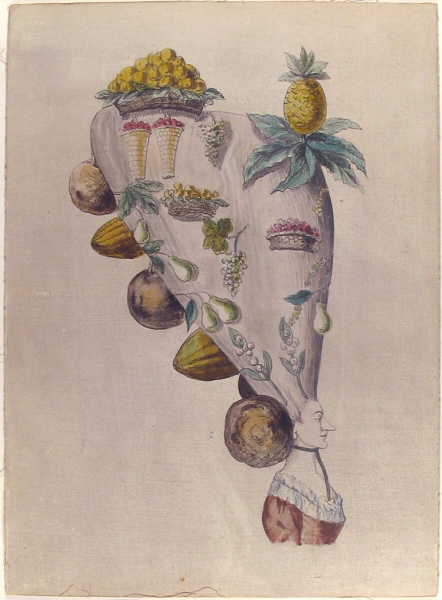 Fantastic Hairdresses with Fruit and Vegetable Motifs, Anonymous, French, 18th century, Watercolor on canvas laid down on board