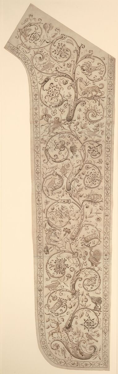 Cartoon for embroidery of a panel of a chasuble, decorated with floral, bud and animal designs, Anonymous, Italian, 17th century, Pen and brown ink 