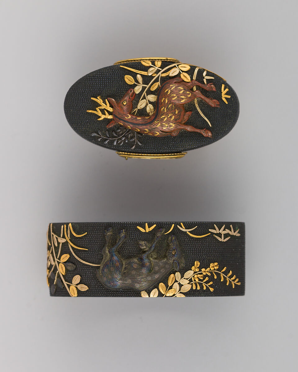 Sword-Hilt Collar and Pommel (Fuchigashira), Copper-gold alloy (shakudō), copper, gold, copper-silver alloy (shibuichi), Japanese 