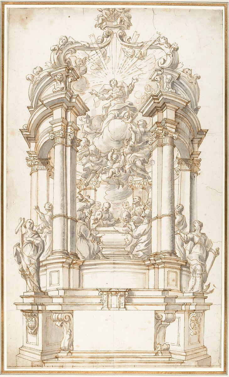Design for a Freestanding Altar dedicated to the Assumption of the Virgin, Giovanni Larciani ("Master of the Kress Landscapes") (Italian, 1484–1527), Pen and brown ink, brush and gray wash, over traces of graphite or black chalk; two centering marks in graphite or black chalk (a ruled centered vertical line and a ruled centered horizontal line); a scale in pen and brown ink that is unnumbered at the bottom of composition 