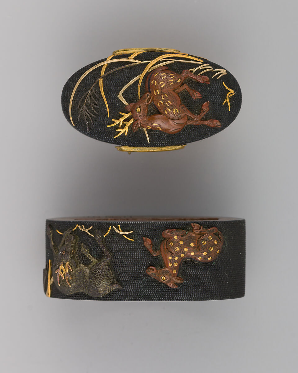Sword-Hilt Collar and Pommel (Fuchigashira), Copper-gold alloy (shakudō), copper, gold, silver, Japanese 
