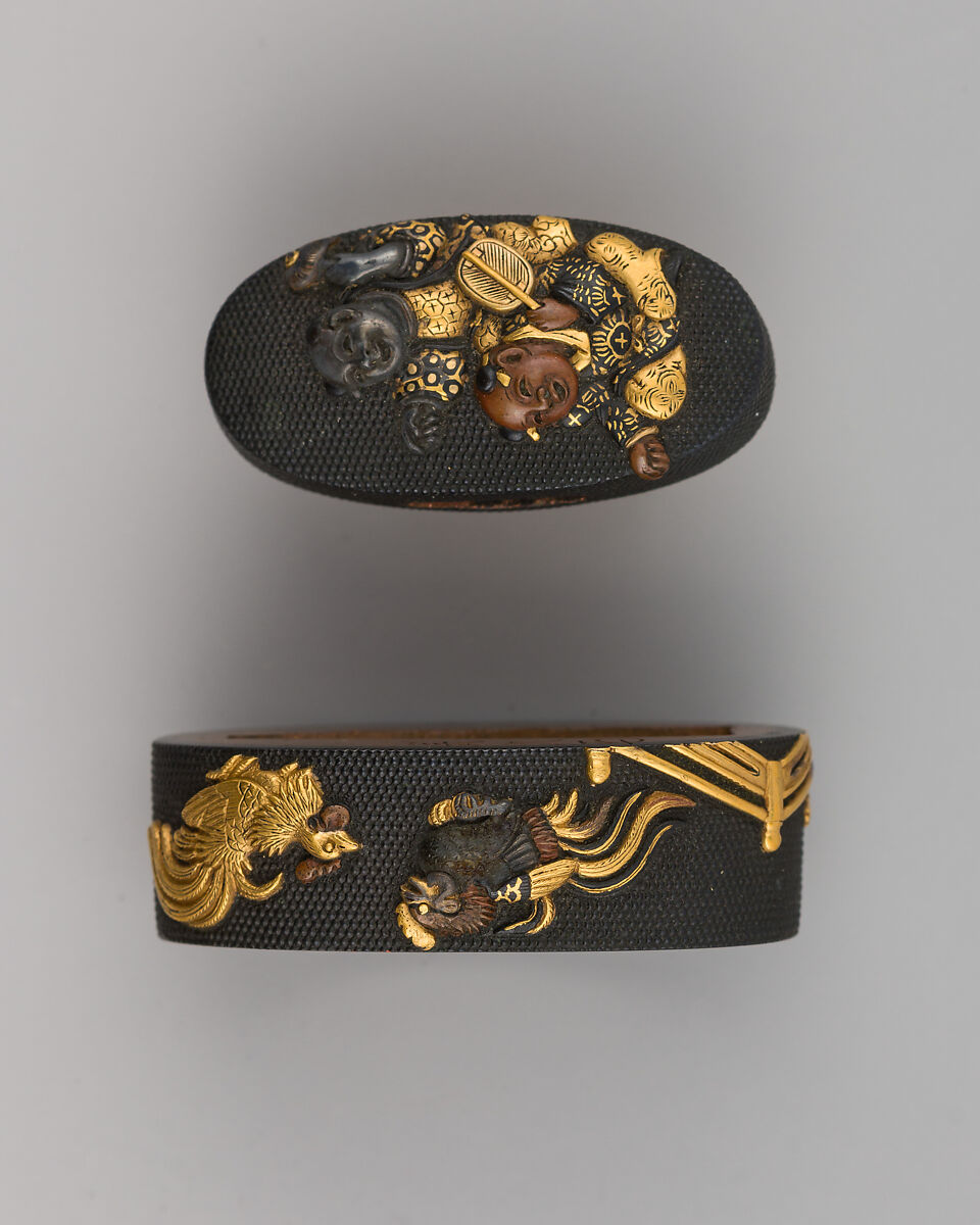 Sword-Hilt Collar and Pommel (Fuchigashira), Copper-gold alloy (shakudō), copper-silver alloy (shibuichi), copper, gold, Japanese 