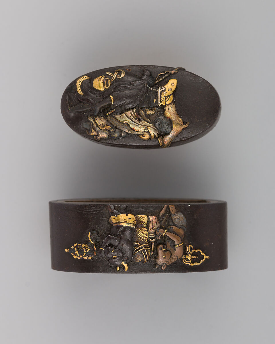 Sword-Hilt Collar and Pommel (Fuchigashira), Iron, copper-silver alloy (shibuichi), gold, copper, Japanese 