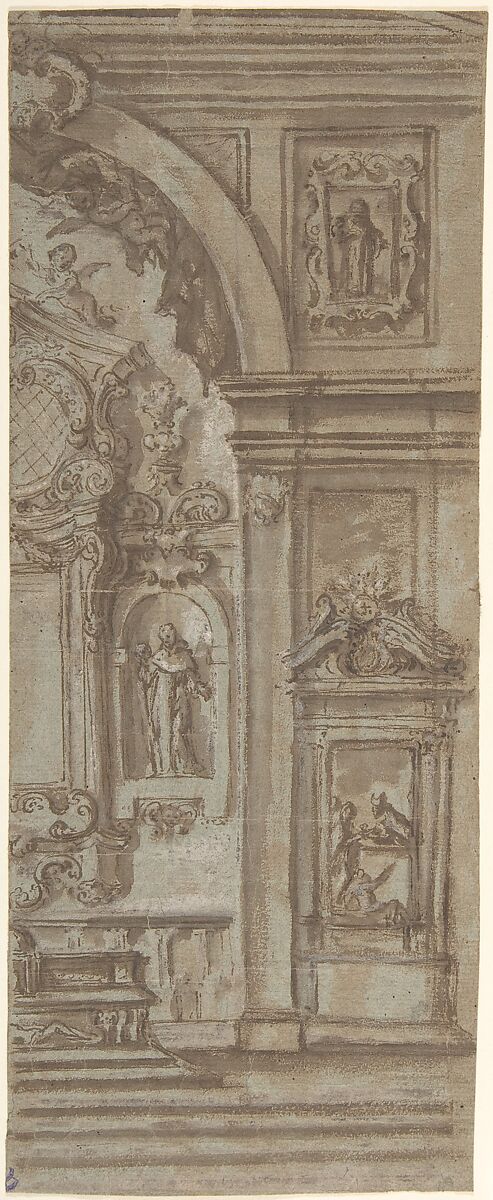 Right Half of a Wall Elevation with a Church Altar, Anonymous, Italian, 18th century, Pen and brown ink, brush and brown wash, over black chalk, highlighted with white gouache, on faded blue-green paper; some stylus-ruled construction 