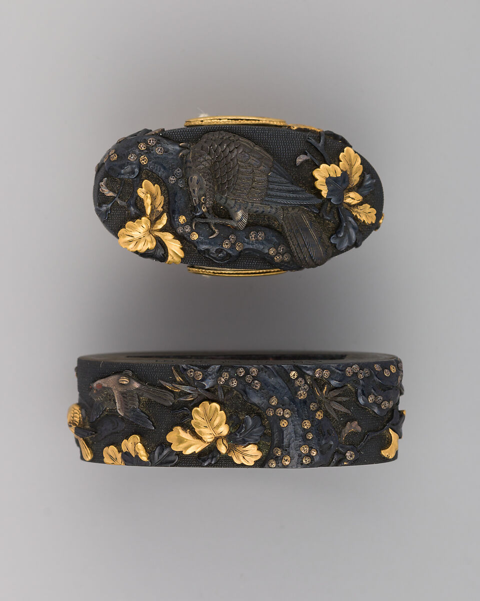 Sword-Hilt Collar and Pommel (Fuchigashira), Copper-gold alloy (shakudō), gold, silver, Japanese 