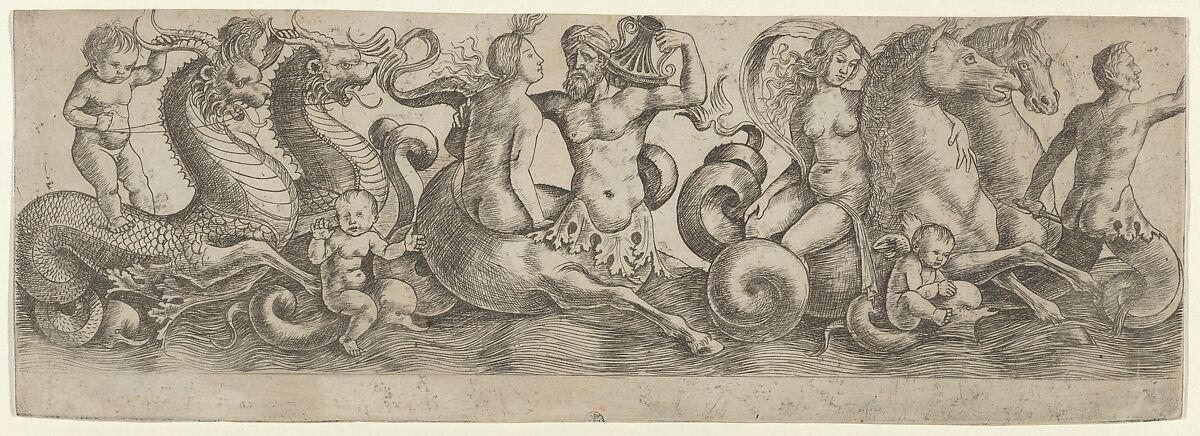Frieze with Tritons and Nymphs, Girolamo Mocetto (Italian, ca. 1470–1531), Engraving 