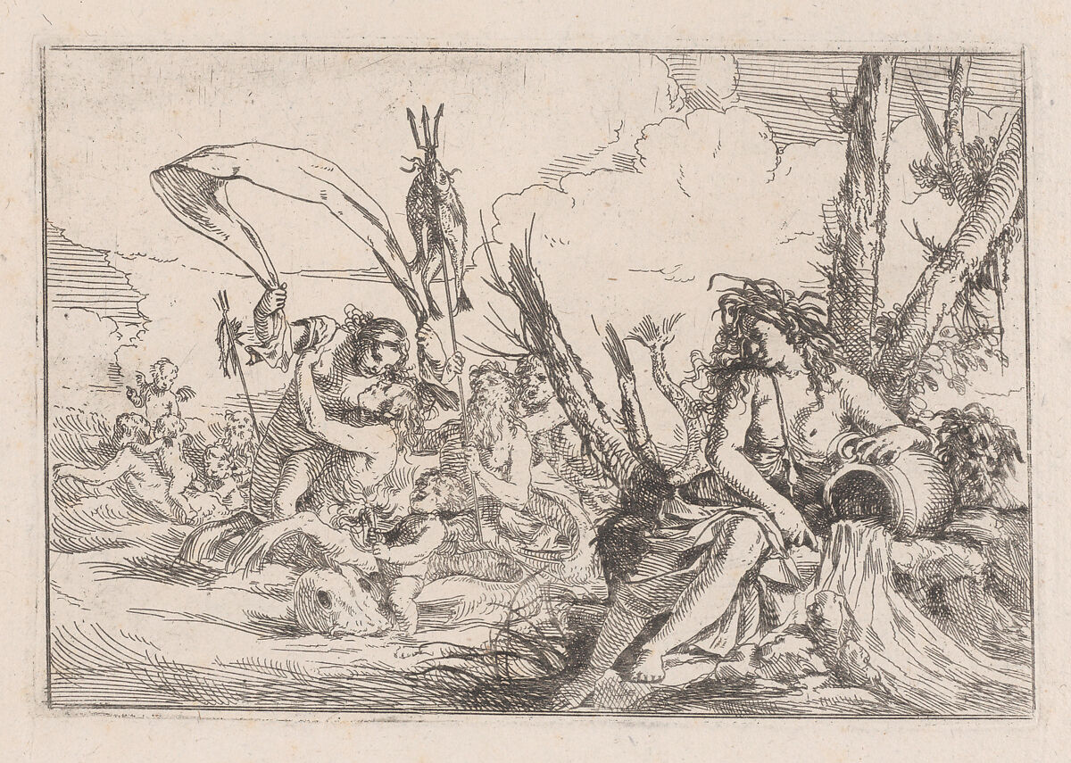 Water, represented by a naiad seated at the base of a tree and resting her arm on a supine urn from which water flows, behind her a triton and other inhabitants of the sea rise from the water surface, from "The Elements", Giulio Carpioni (Italian, Venice 1613–1678 Venice), Etching 