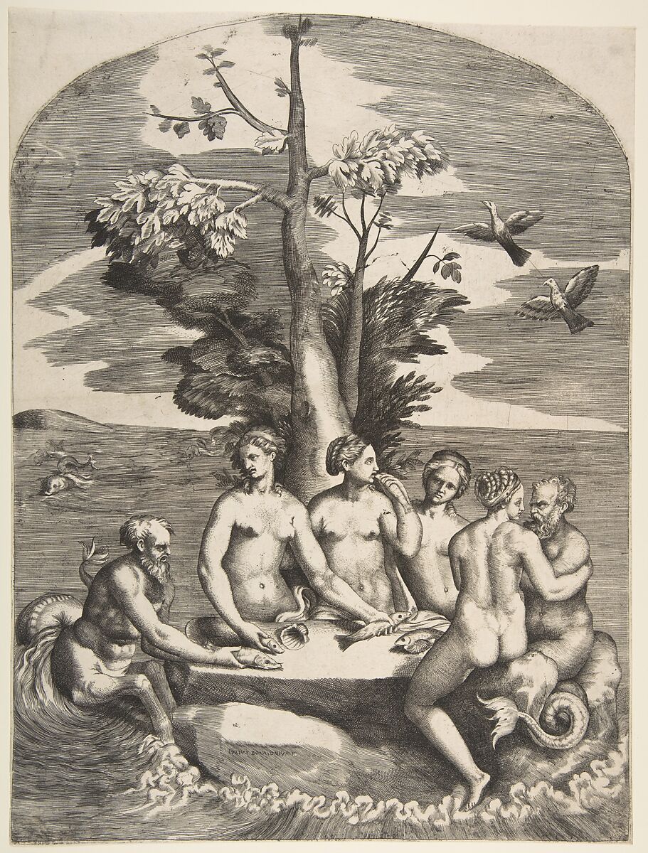 Two sea gods accompanied by four nymphs, Giulio Bonasone (Italian, active Rome and Bologna, 1531–after 1576), Engraving 
