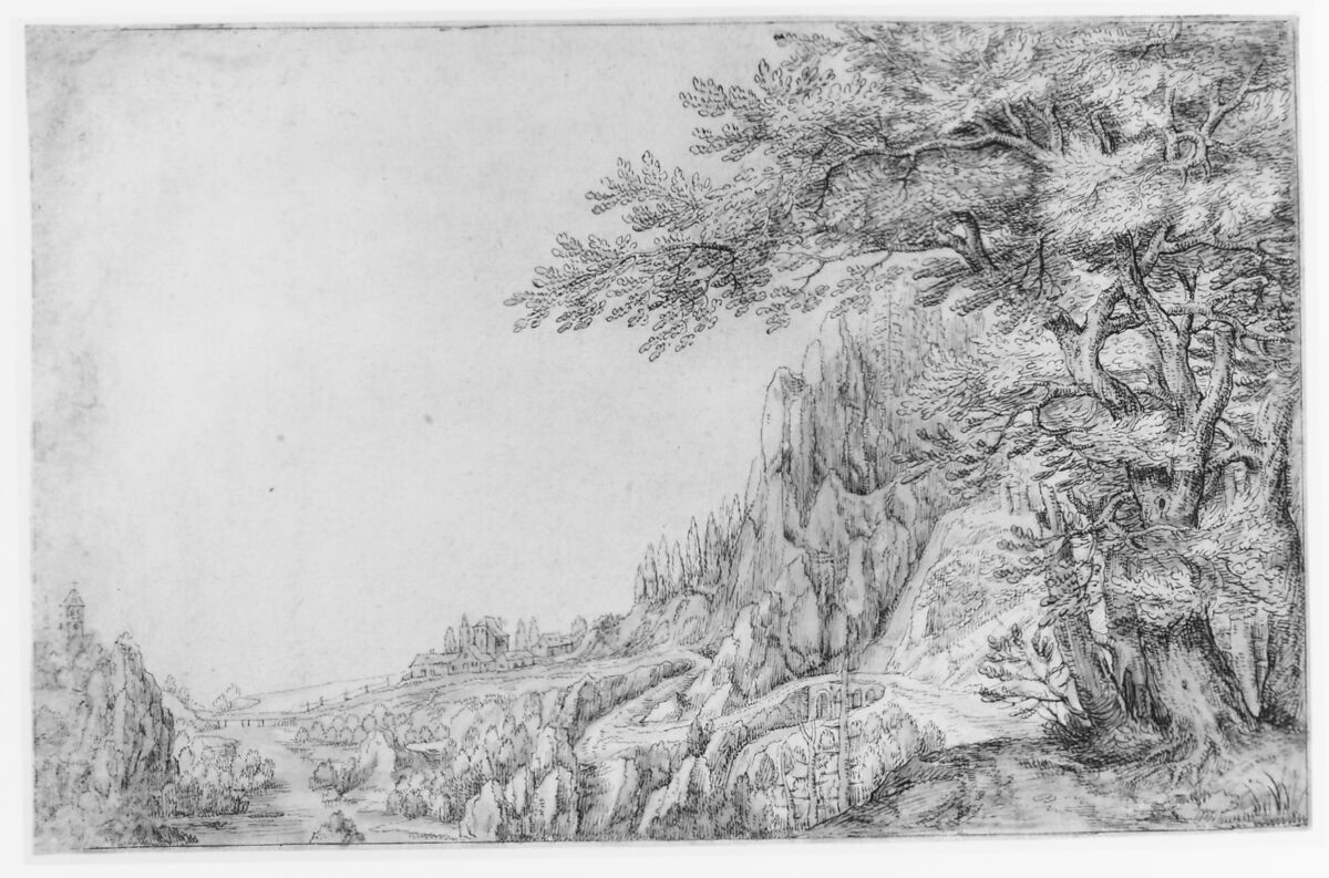 Mountainous Landscape, Denijs van Alsloot (Flemish, 1573–1626), Pen and brown ink, brush and brown wash, with touches of blue, pink, and green watercolor, over traces of black chalk; framing lines in pen and brown ink