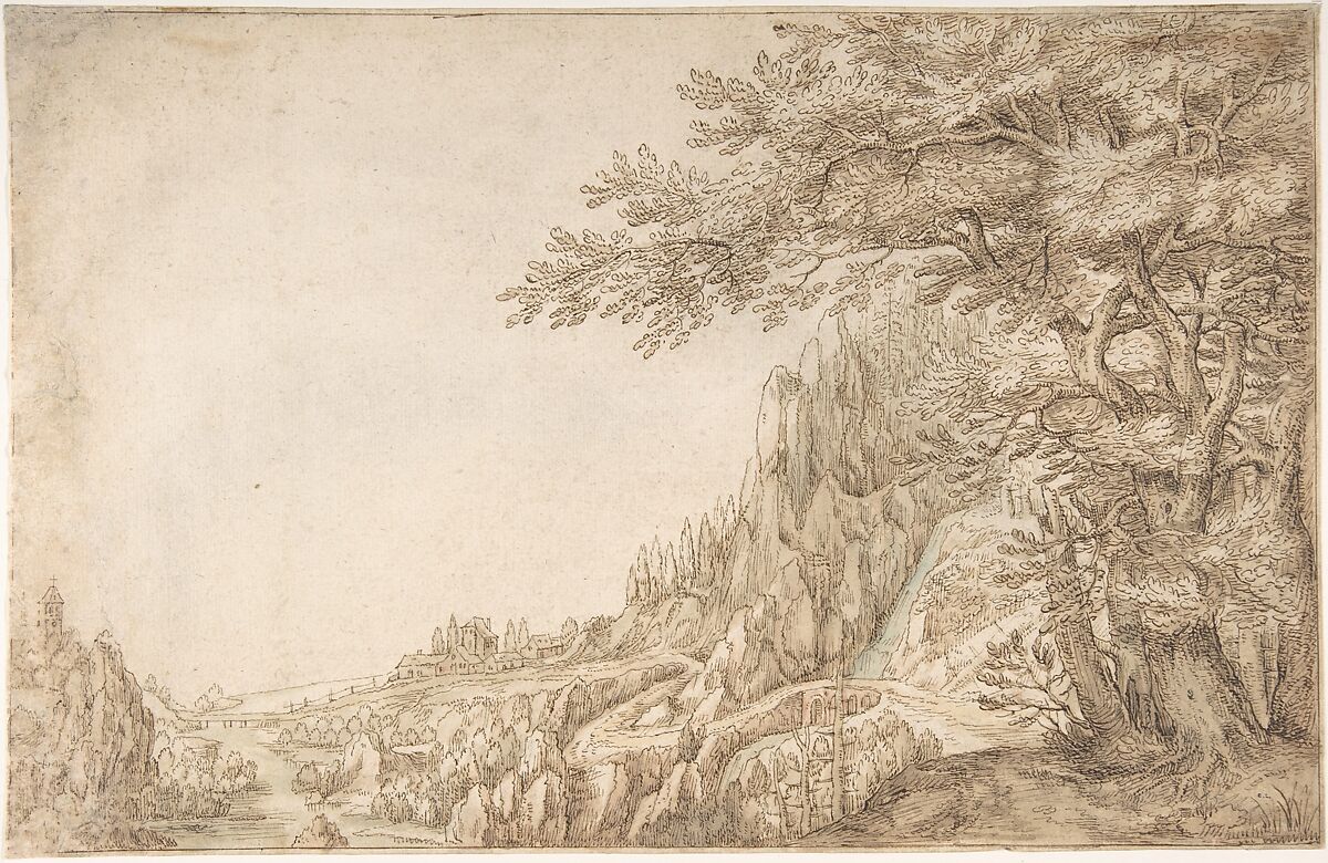 Mountainous Landscape, Denijs van Alsloot (Flemish, 1573–1626), Pen and brown ink, brush and brown wash, with touches of blue, pink, and green watercolor, over traces of black chalk; framing lines in pen and brown ink 
