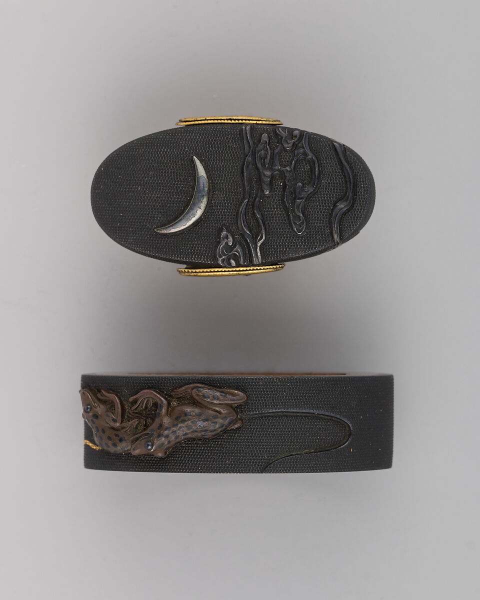 Sword-Hilt Collar and Pommel (Fuchigashira), Copper-gold alloy (shakudō), silver, gold, Japanese 