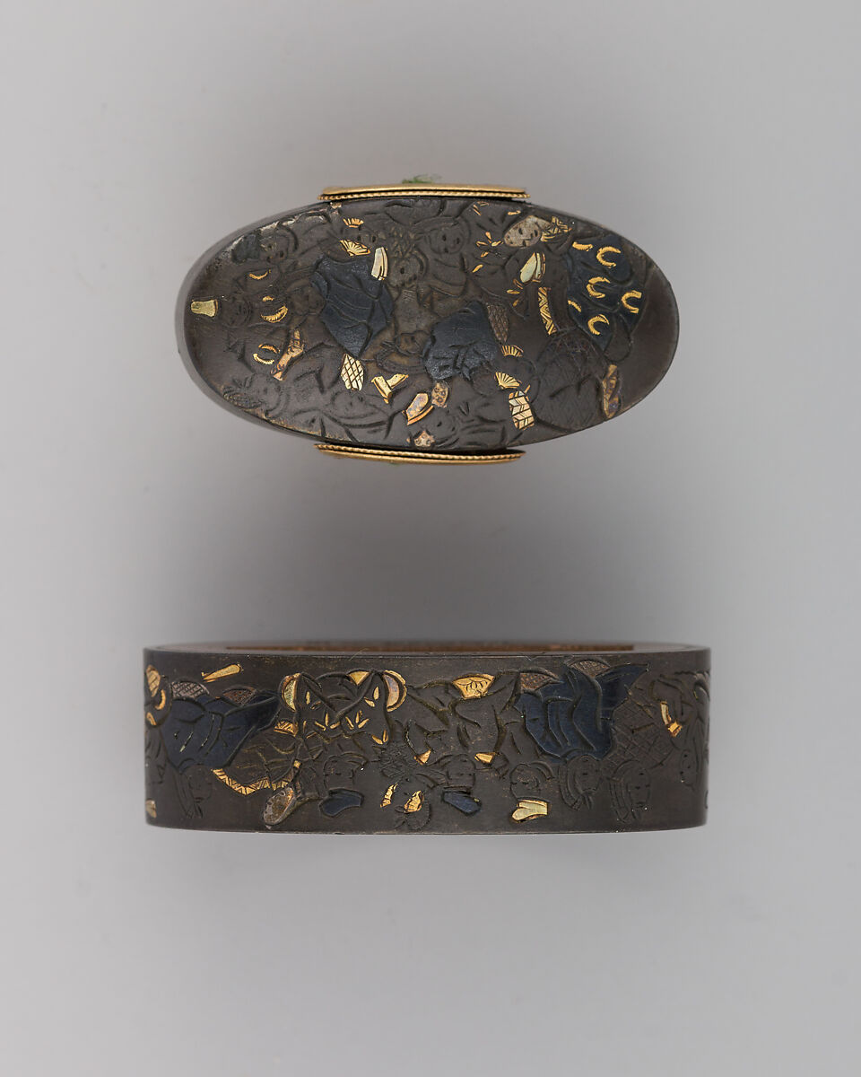 Sword-Hilt Collar and Pommel (Fuchigashira), Copper-silver alloy (shibuichi), gold, silver, copper-gold alloy (shakudō), Japanese 
