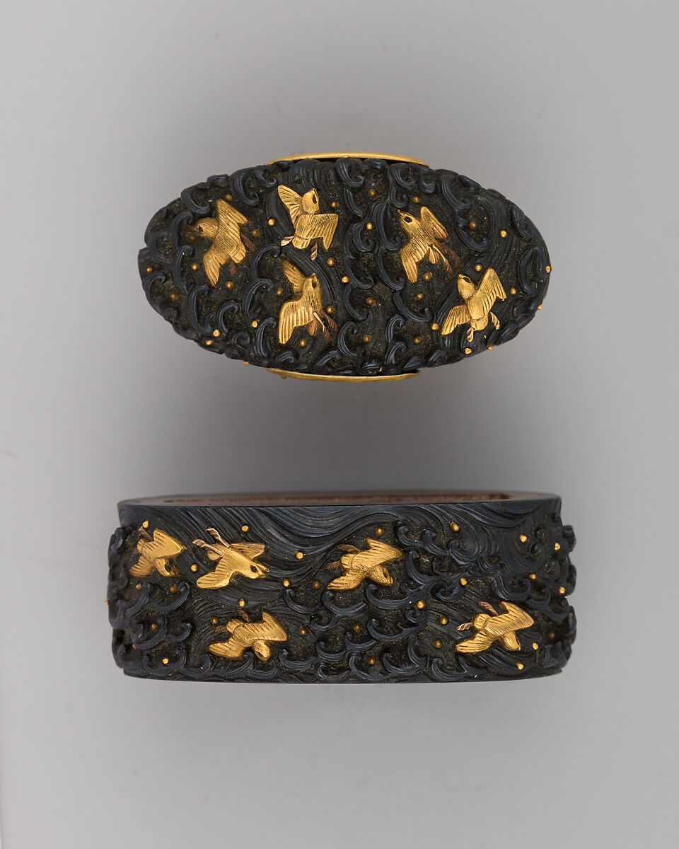 Sword-Hilt Collar and Pommel (Fuchigashira), Copper-gold alloy (shakudō), gold, Japanese 