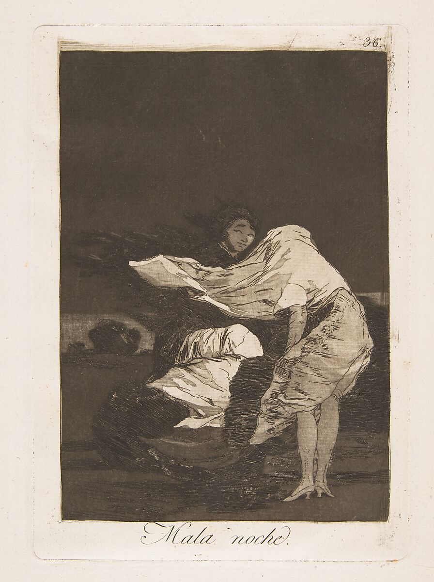 Plate 36 from "Los Caprichos": A bad night (Mala noche), Goya (Francisco de Goya y Lucientes) (Spanish, Fuendetodos 1746–1828 Bordeaux), Etching, burnished aquatint 