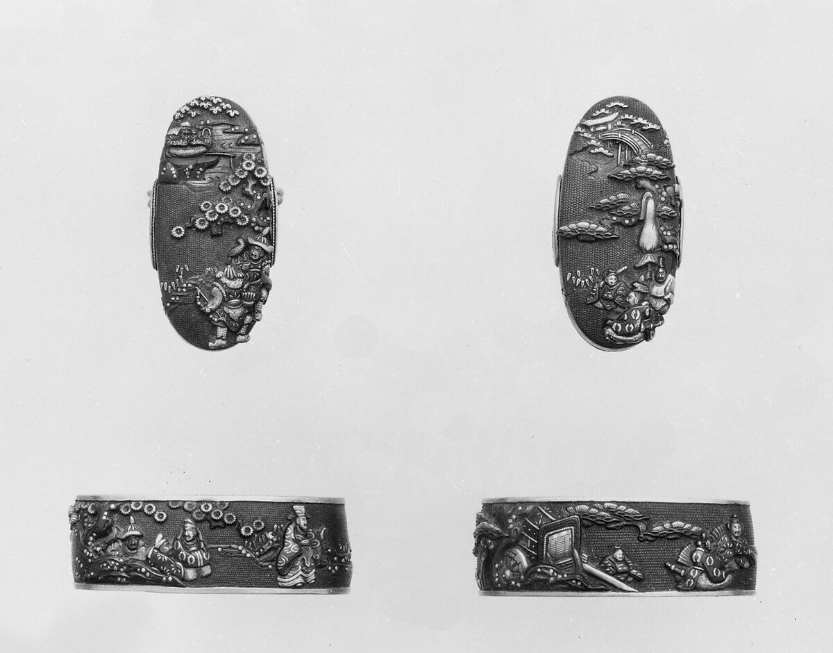 Sword-Hilt Collar and Pommel (Fuchigashira), Copper-gold alloy (shakudō), gold, silver, Japanese