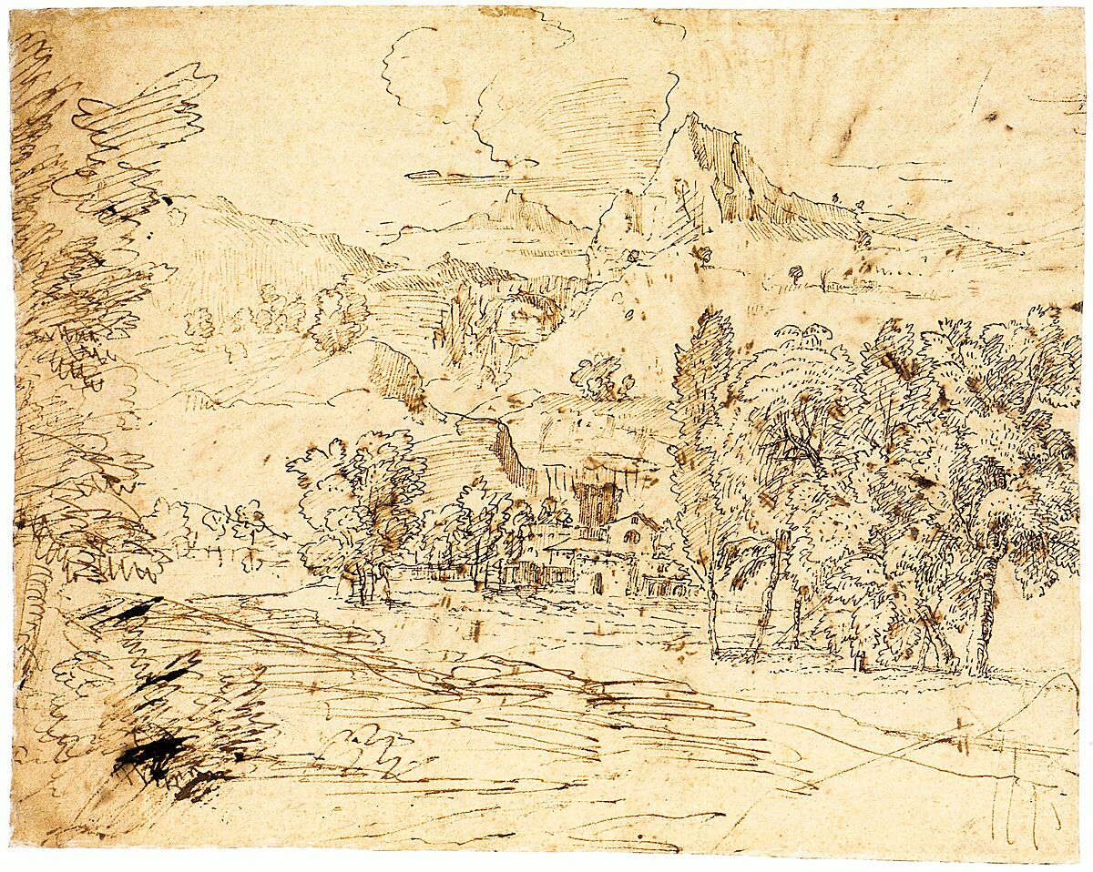 Study of a Palm Tree (recto); Mountain Landscape (verso), Nicolas Poussin (French, Les Andelys 1594–1665 Rome), Pen and brown ink, over traces of black chalk (recto); pen and brown ink (verso)