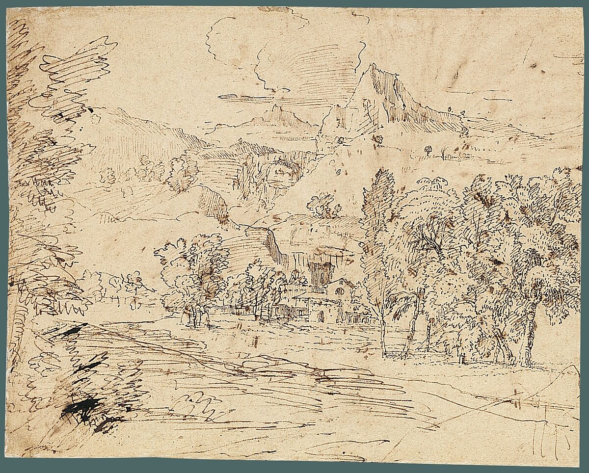 Study of a Palm Tree (recto); Mountain Landscape (verso), Nicolas Poussin (French, Les Andelys 1594–1665 Rome), Pen and brown ink, over traces of black chalk (recto); pen and brown ink (verso)