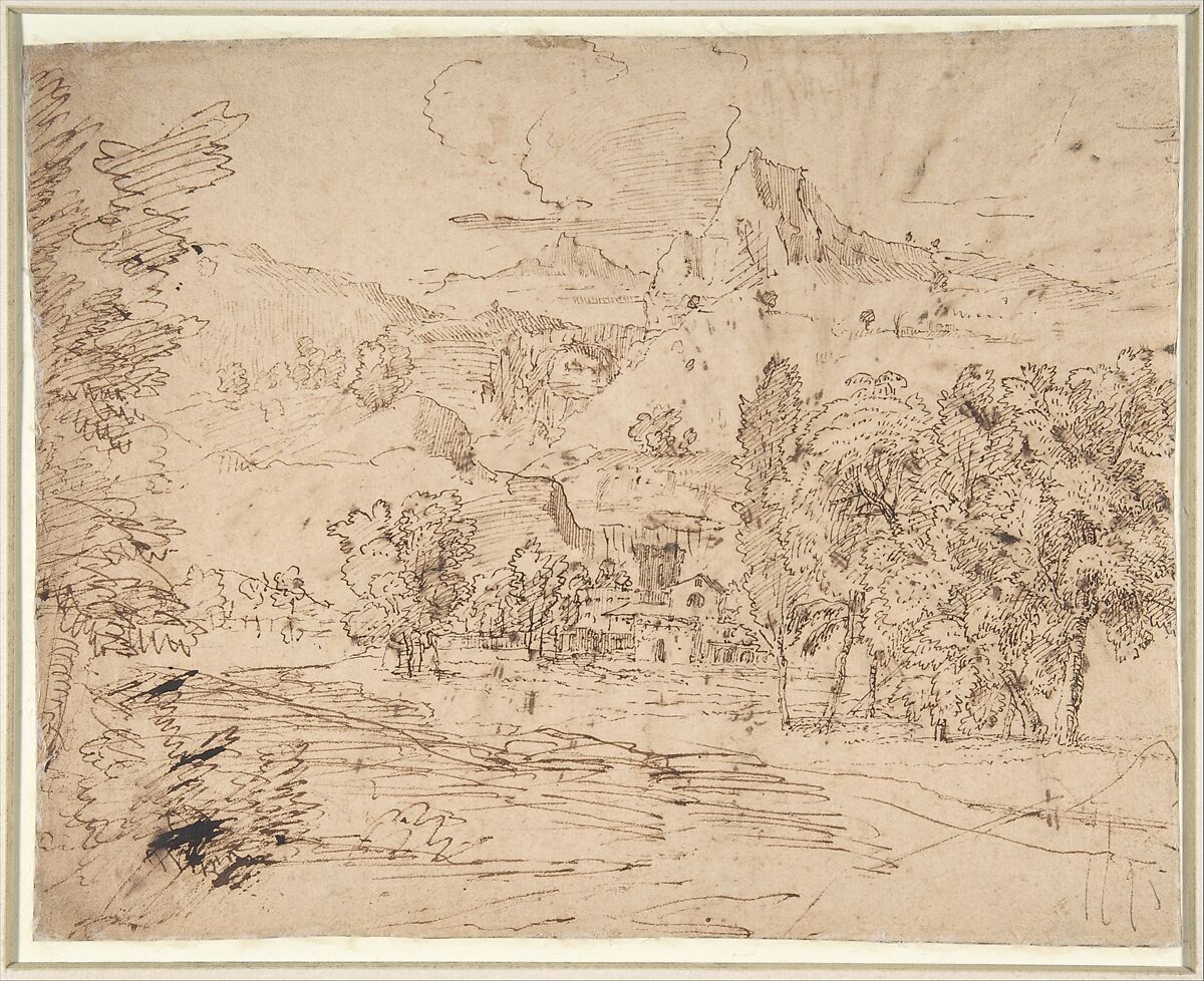 Study of a Palm Tree (recto); Mountain Landscape (verso), Nicolas Poussin (French, Les Andelys 1594–1665 Rome), Pen and brown ink, over traces of black chalk (recto); pen and brown ink (verso)