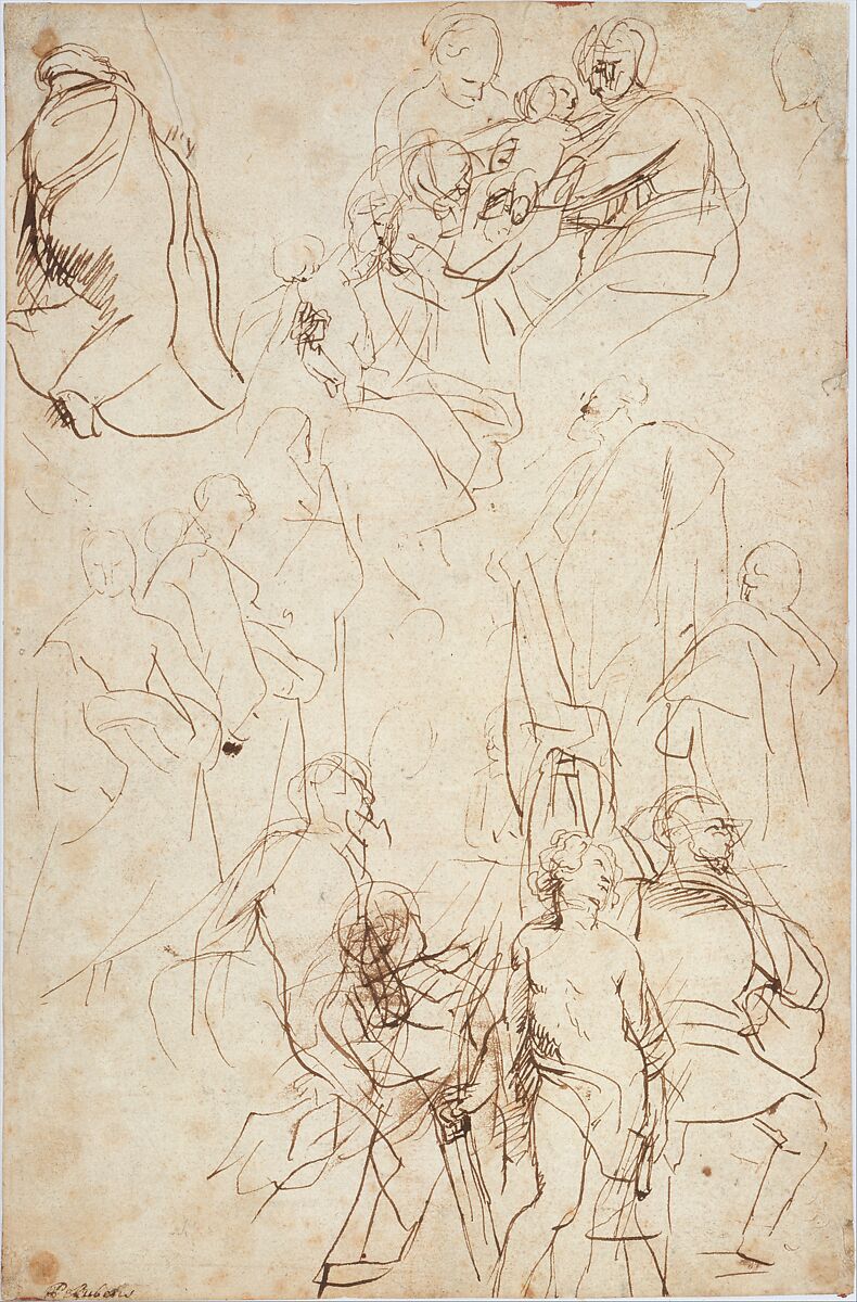 The Virgin Adored by Saints (recto); Study of the Torso Belvedere (verso), Peter Paul Rubens (Flemish, Siegen 1577–1640 Antwerp), Pen and brown ink (recto); red chalk (verso)