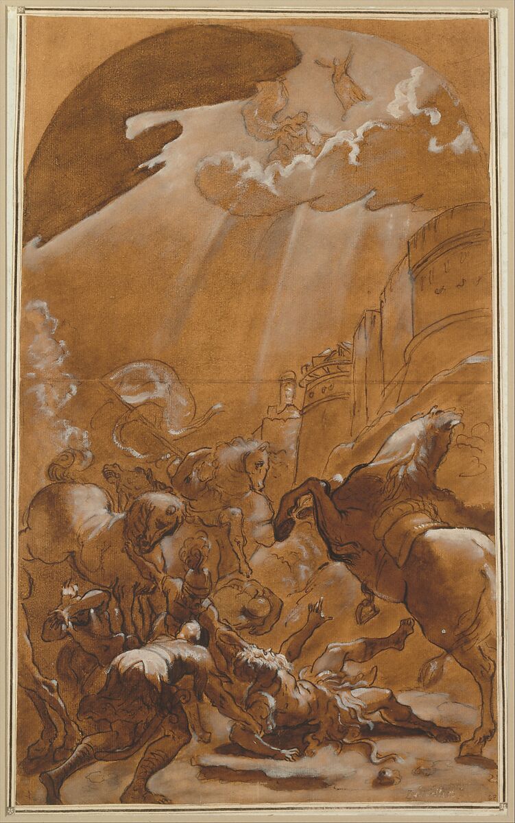 The Conversion of Saint Paul, Ludovico Carracci (Italian, Bologna 1555–1619 Bologna), Pen and brown ink, brush and brown wash, heightened with white gouache and cream color oil paint, over black chalk, on paper toned with light brown wash