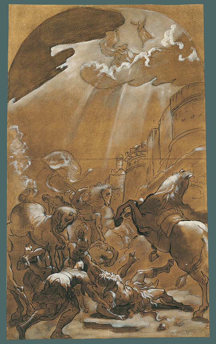 The Conversion of Saint Paul, Ludovico Carracci (Italian, Bologna 1555–1619 Bologna), Pen and brown ink, brush and brown wash, heightened with white gouache and cream color oil paint, over black chalk, on paper toned with light brown wash