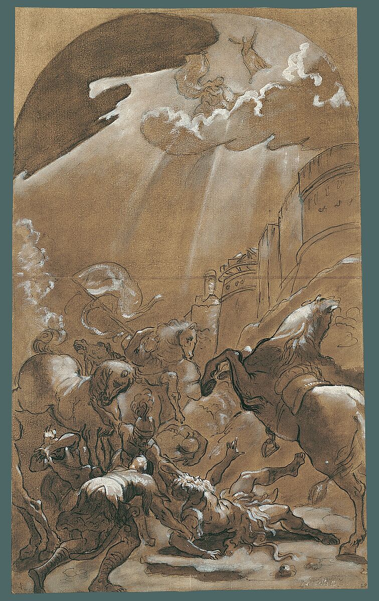 The Conversion of Saint Paul, Ludovico Carracci (Italian, Bologna 1555–1619 Bologna), Pen and brown ink, brush and brown wash, heightened with white gouache and cream color oil paint, over black chalk, on paper toned with light brown wash