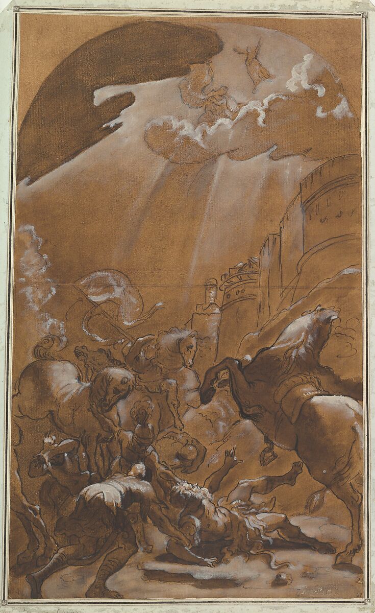 The Conversion of Saint Paul, Ludovico Carracci (Italian, Bologna 1555–1619 Bologna), Pen and brown ink, brush and brown wash, heightened with white gouache and cream color oil paint, over black chalk, on paper toned with light brown wash 