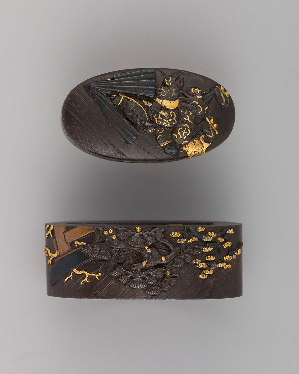 Sword-Hilt Collar and Pommel (Fuchigashira), Iron, copper-gold alloy (shakudō), gold, copper, Japanese 