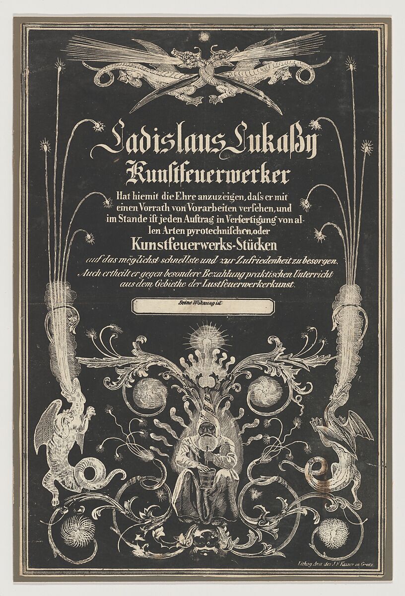 Trade card for Ladislas Lukassy Kunstfeuerwerker, Joseph Franz Kaiser (German, 1786–1863?), Lithograph 