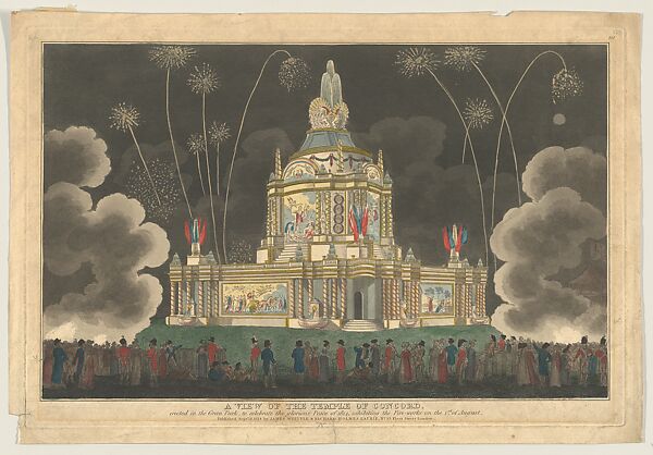 A View of the Temple of Concord Erected in the Green Park, to Celebrate the Glorious Peace of 1814, Exhibiting the Fireworks on the 1st of August