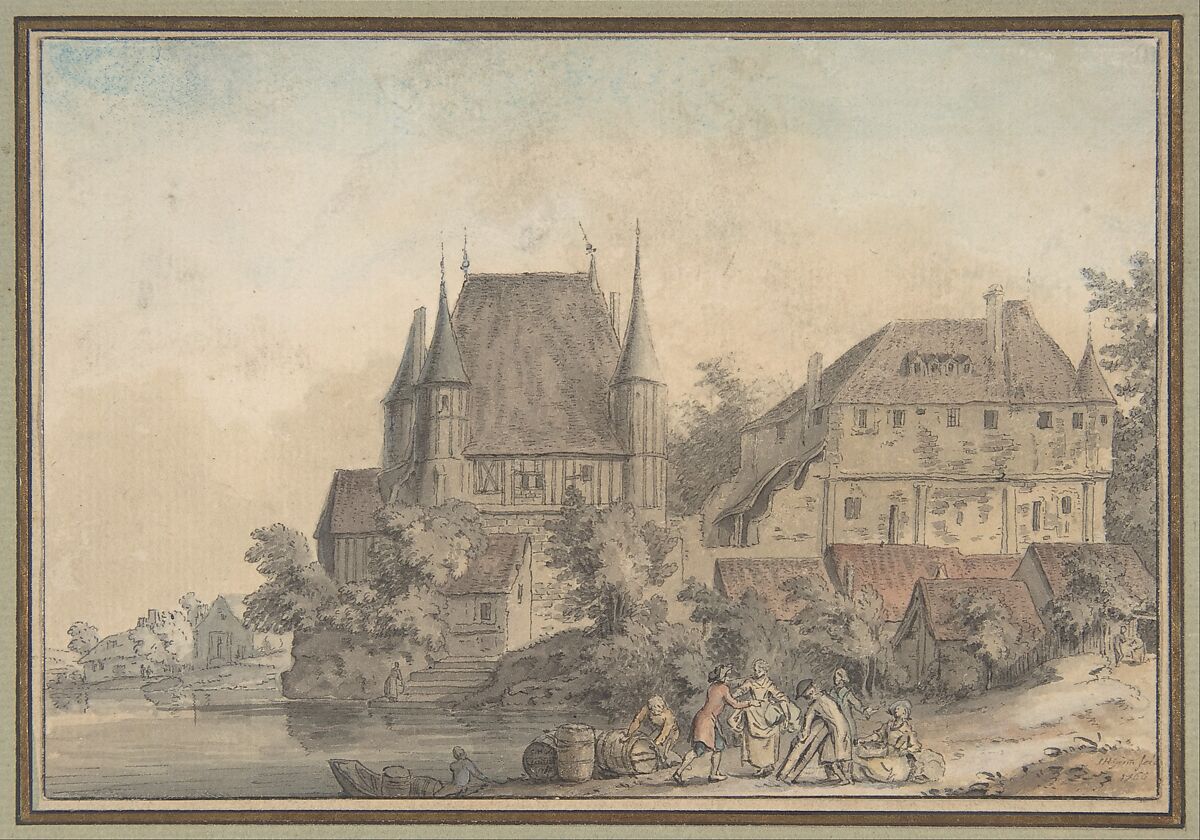 View of a Village alongside a River, Samuel Hieronymus Grimm (Swiss, Bern 1733–1794 London (active Britain from 1768)), Pen and dark gray ink, brush and gray wash, watercolor 
