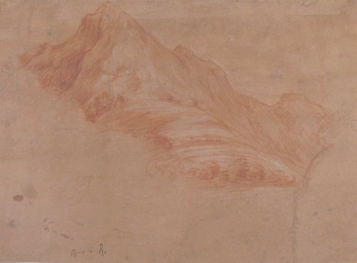 Landscape with Mountains, Antonio d'Enrico Tanzio (Tanzio da Varallo) (Italian, Riale d'Alagna 1575/80–1632/33 Novara), Red chalk, highlighted with white chalk, on pink prepared paper