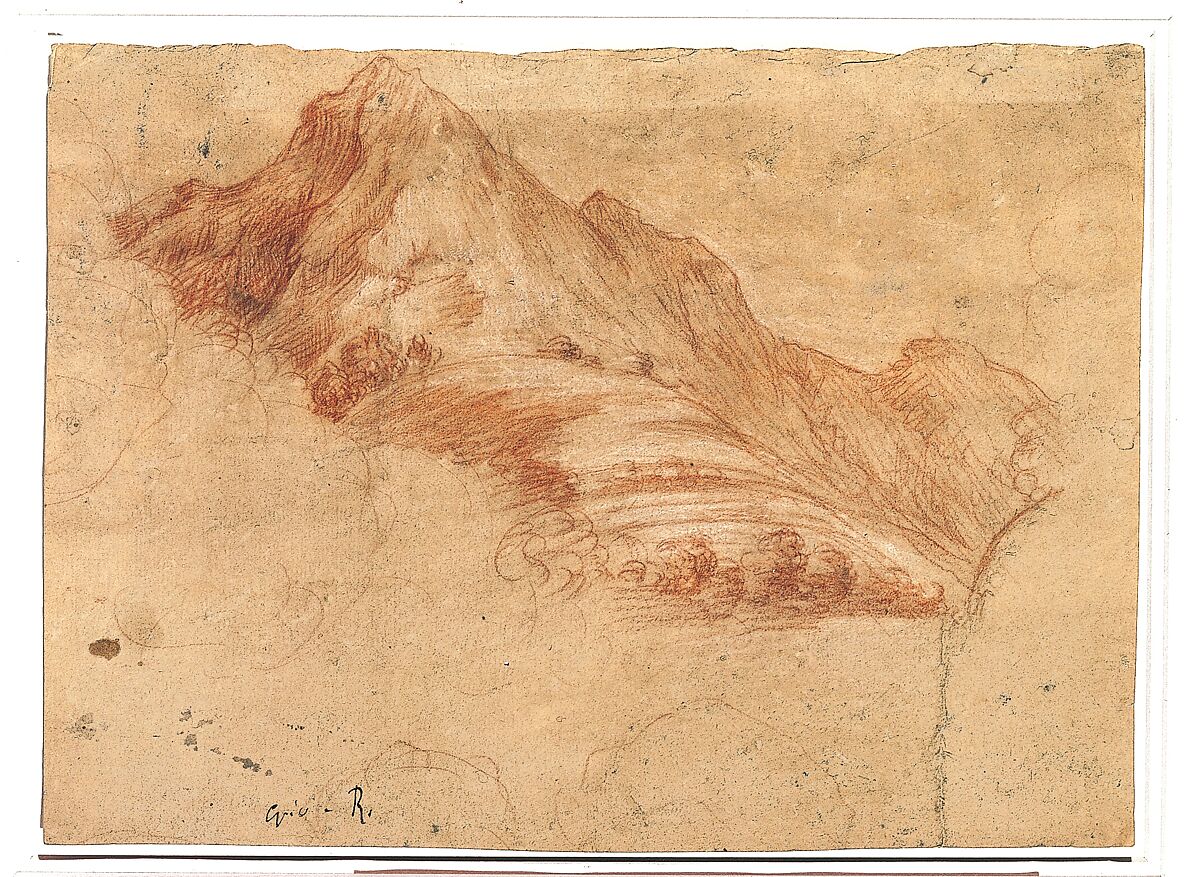Landscape with Mountains, Antonio d'Enrico Tanzio (Tanzio da Varallo) (Italian, Riale d'Alagna 1575/80–1632/33 Novara), Red chalk, highlighted with white chalk, on pink prepared paper