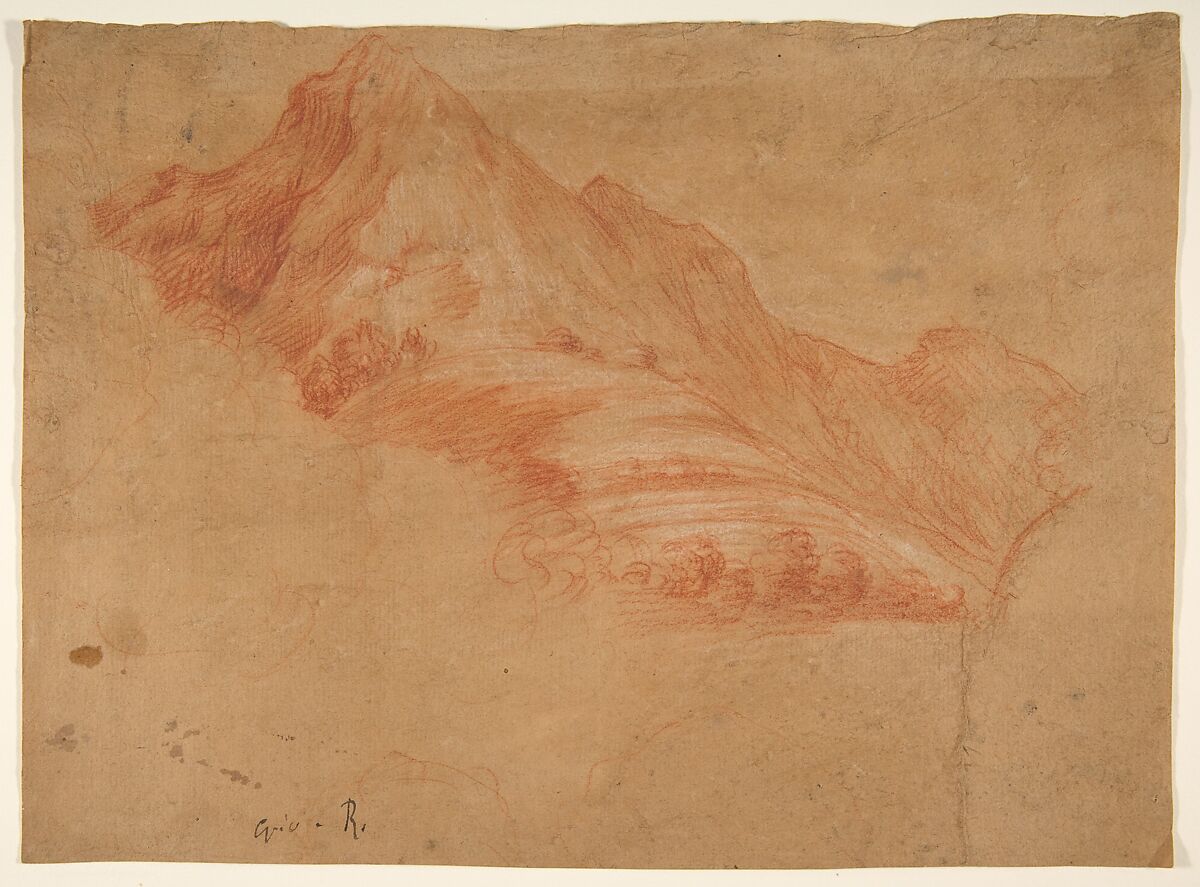 Landscape with Mountains, Antonio d&#39;Enrico Tanzio (Tanzio da Varallo) (Italian, Riale d&#39;Alagna 1575/80–1632/33 Novara), Red chalk, highlighted with white chalk, on pink prepared paper 