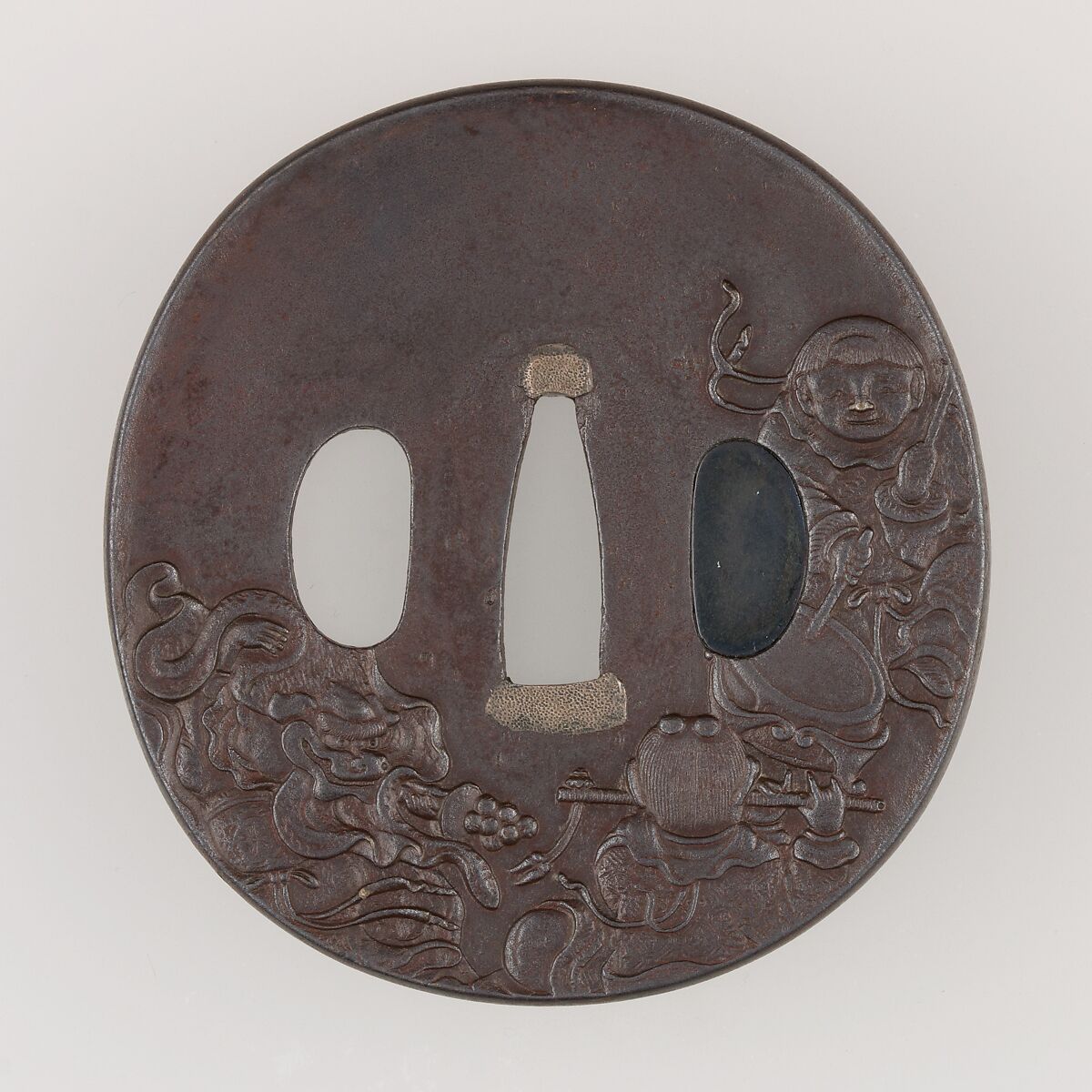 Sword Guard (Tsuba), Inscribed by Yoshitane (Japanese, 19th century), Iron, copper, Japanese